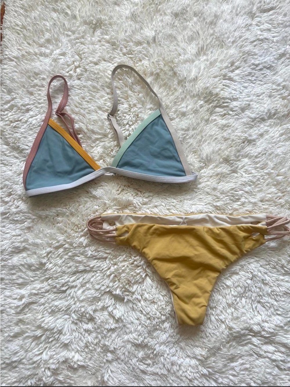 Frankie’s Bikini’s Colorblock Triangle Bikini Set in Teal and Mustard